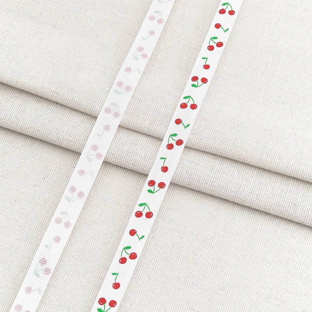 Лента репсовая (в рубчик) с принтом 10.0 мм / 45.72 метра, Вишенки 1012 белый