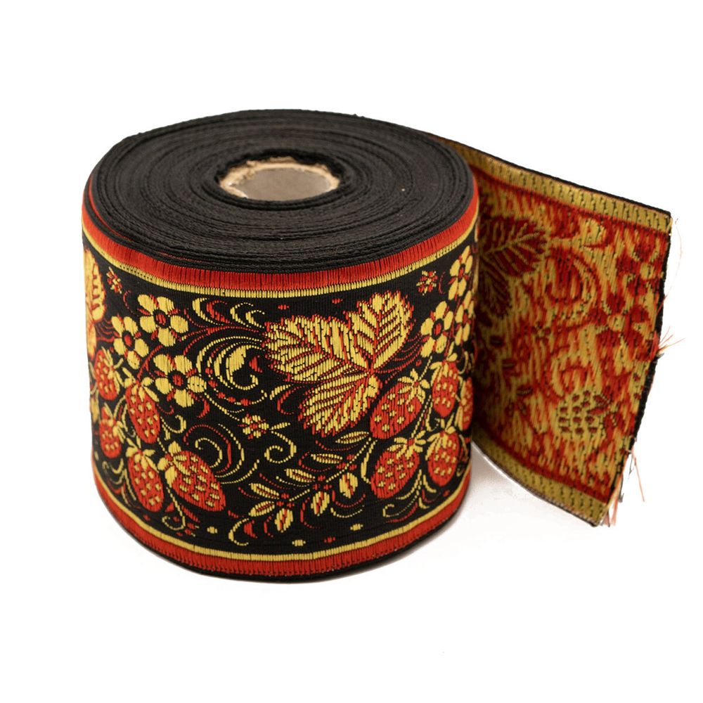 Лента (тесьма) жаккардовая 90.0 мм / 12.5 метров, рис. 9415 Клубничка, черный