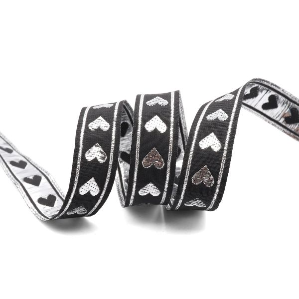 Тесьма декоративная металлизированная Сердечки 15 мм / 25 метров, 15005 черный/серебро