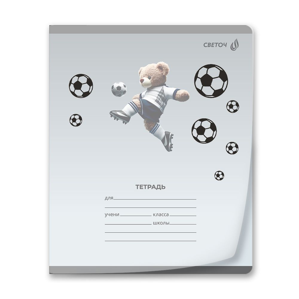 Тетрадь ученическая школьная пластик. обложкой 180 мкм. с трафарет. печатью, цвет.запечат.титул лист A5 12 л. на скобе 65 г/м², белизна 100% 25 шт клетка, 01391 Футбол, Светоч Т68