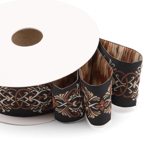 Лента (тесьма) жаккардовая 35.0 мм / 10±0.5 метров, Дамаск 35976 V2 черный/бежевый