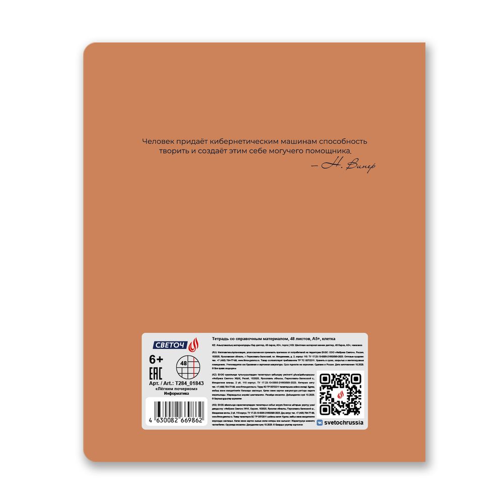 Тетрадь со справочным материалом Лёгким почерком, софт-тач ламинация, A5 48 л. на скобе 65 г/м², белизна 100% 10 шт, клетка, 01843 Лёгким почерком Информатика, Светоч Т284