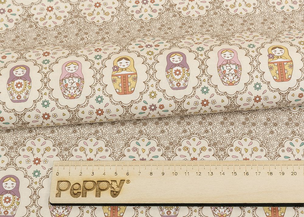 Ткань для пэчворка Peppy Крошки-матрешки, рулон 112 см / 5 метров, КМ-04 кремовый, Peppy