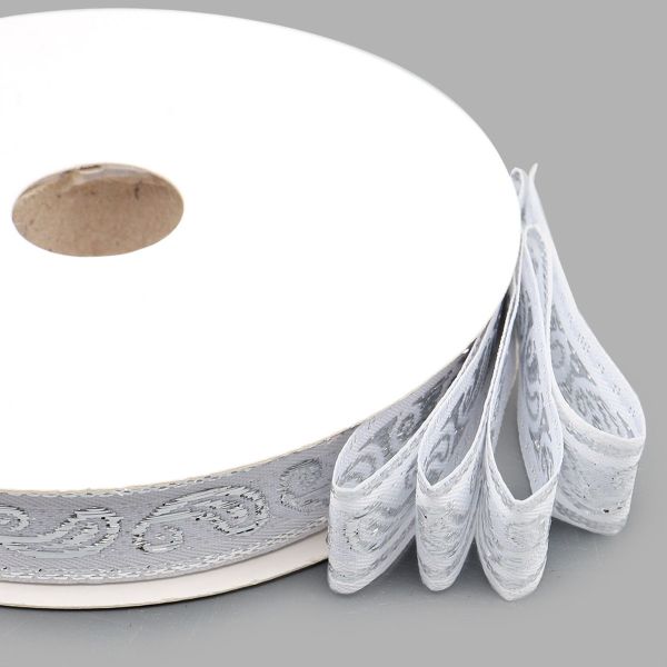Тесьма декоративная металлизированная Пейсли 15 мм / 25 метров, 15006 белый/серебро