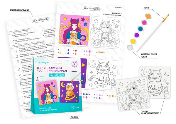 Картина по номерам Фрея PNBM-012, Космические котики, (на магните) 9х9 см