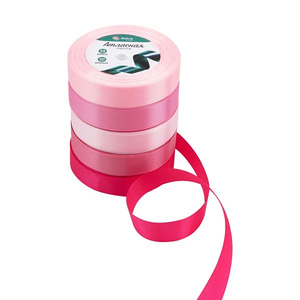 Набор атласных лент 5 цветов по 23.0 мм / 23 метра, розовый микс
