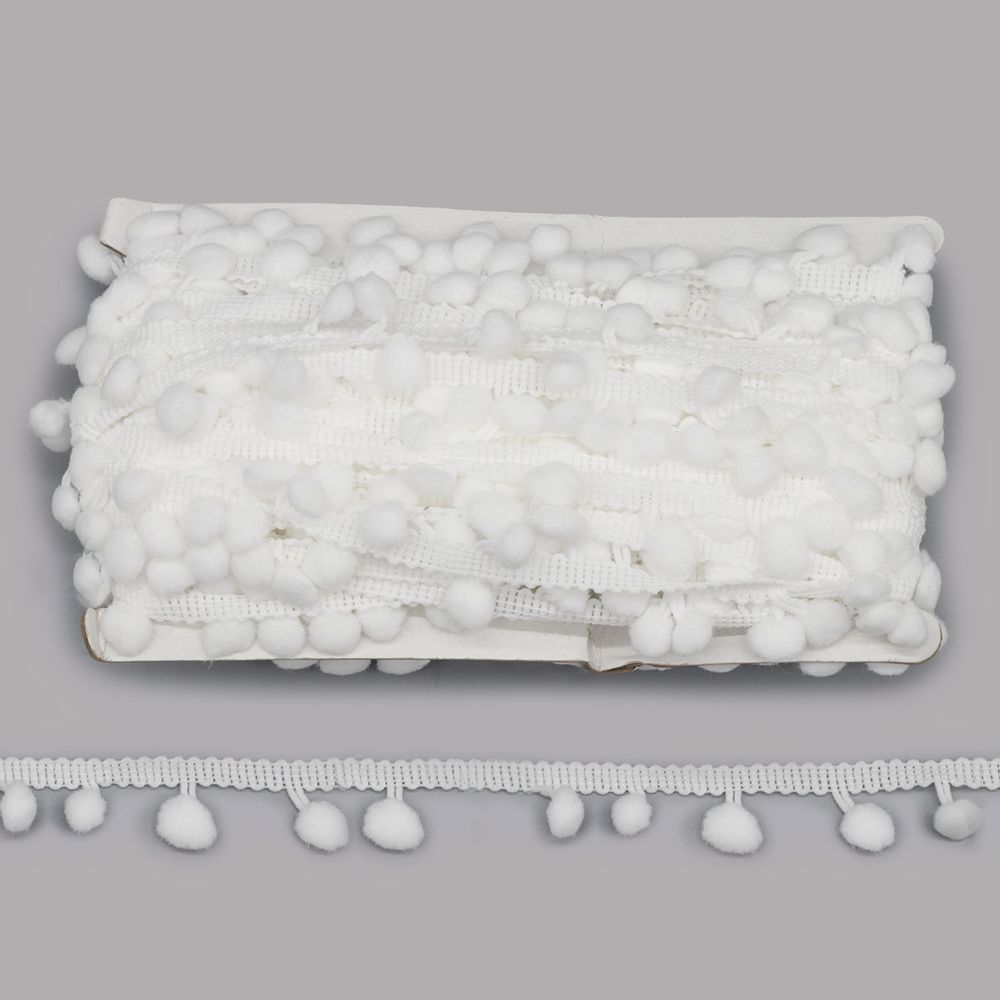 Тесьма с помпонами 1-рядная h20 мм, с помпонами 01 белый, 17 м