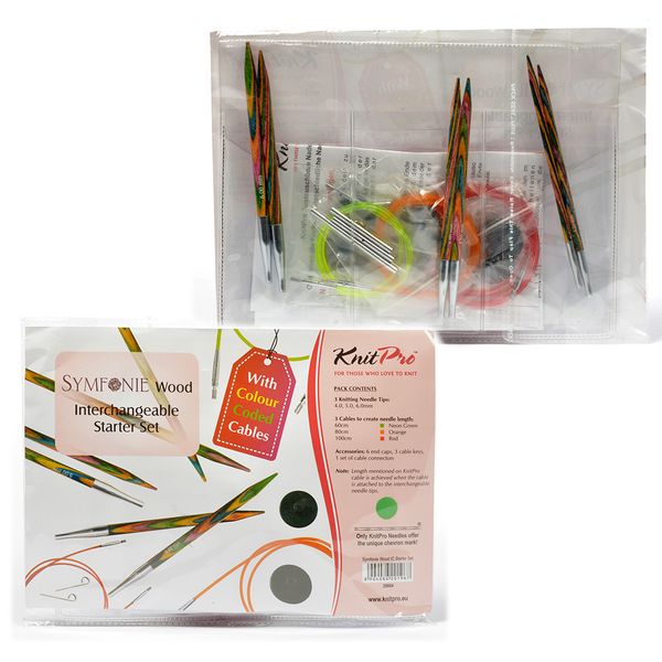 Набор съемных спиц Knit Pro Symfonie Starter Set 4 мм / 5 мм / 6 мм / тросик 60 см, 80 см, 100 см, заглушка с ключиком - 4пары, дерево,3 вида, 20604