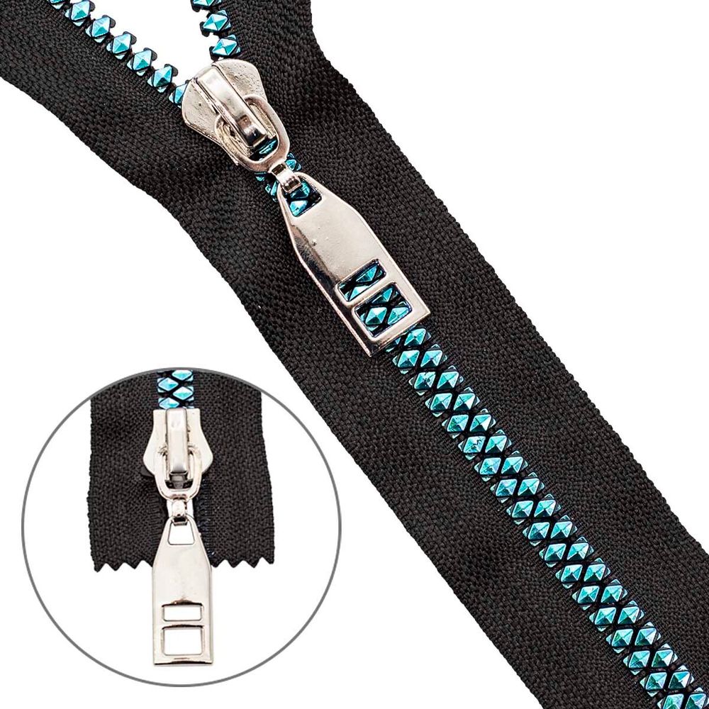 Молния трактор Т8 (8 мм) 1 зам., н/раз., 18 см, декор. звено, лагуна / черн., 10 шт