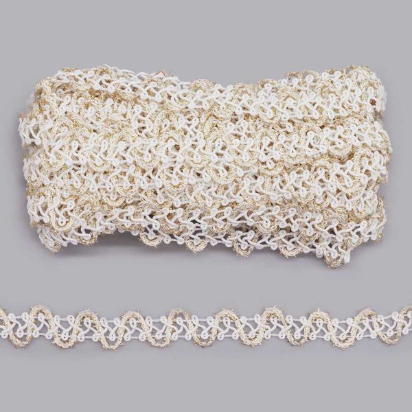 Тесьма отделочная вязаная 21мм / 10м (белый/золото), С808Г7