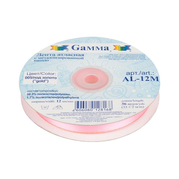 Лента атласная 2-сторонняя с метанитью 12.0 мм / 33±2 метра, 005 яр.розовый/золото, Gamma AL-12M