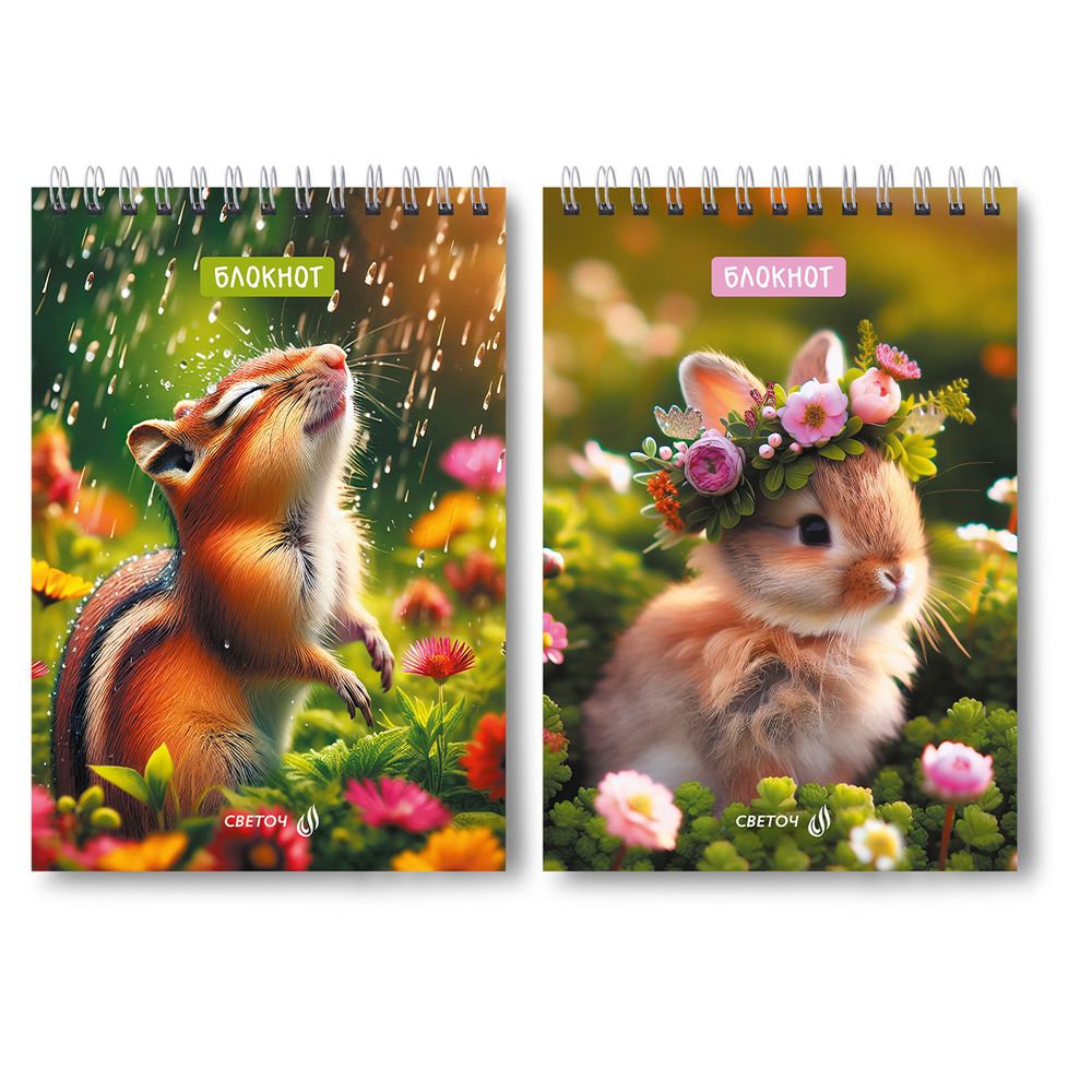 Блокнот на гребне, выборочный лак, A5 60 л., 4 шт, клетка, Лесными тропками 01257, Светоч Б131