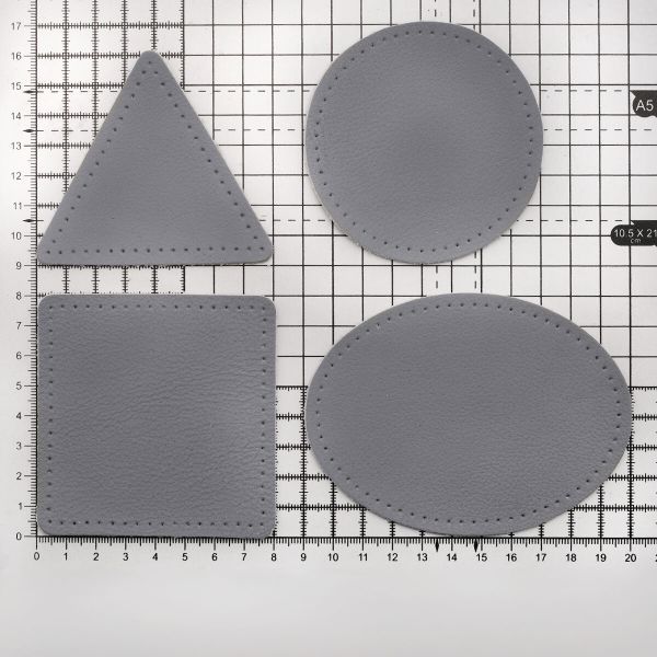 Набор заплаток пришивных из кожи, круг, квадрат, треугольник, овал 8см, с перфорацией, 4 шт (07 серый), 9743