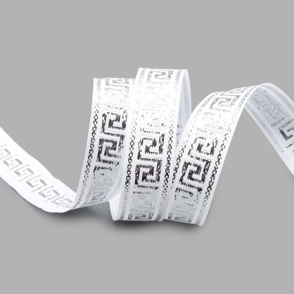 Лента (тесьма) жаккардовая 15.0 мм / 25±1 метров, (белый/серебро), Меандр