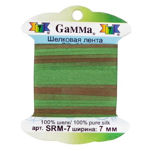 Лента (тесьма) шелковая 7.0 мм / 9.1±0.5 метров, M134 зеленый/коричневый, Gamma SRM-7