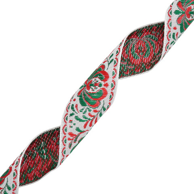 Лента (тесьма) жаккардовая 32.0 мм / 25±1 метров, рис. 9581 Гжель, (4 белый/красный/зеленый) С1853Г17
