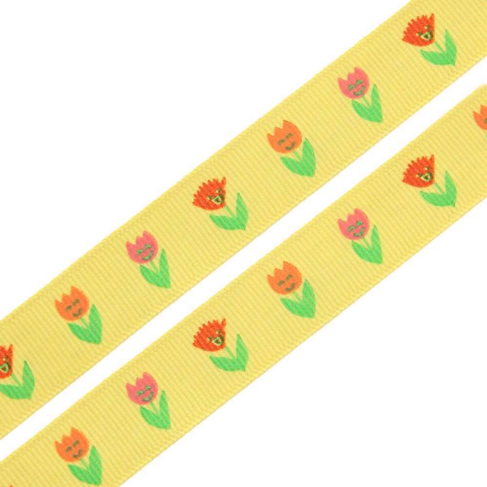 Лента репсовая (в рубчик) Тюльпаны, 15 мм, 3м, желтый