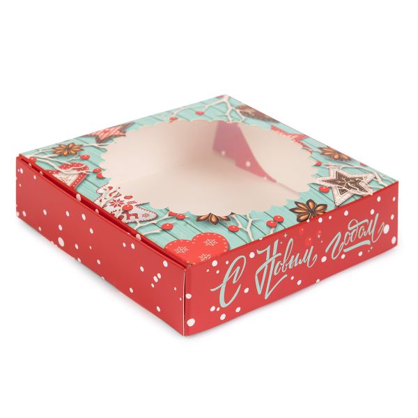 Коробка с окном для печенья 11.5х11.5х3 см, №1 Новогодние чудеса, S-Chief CBC-005