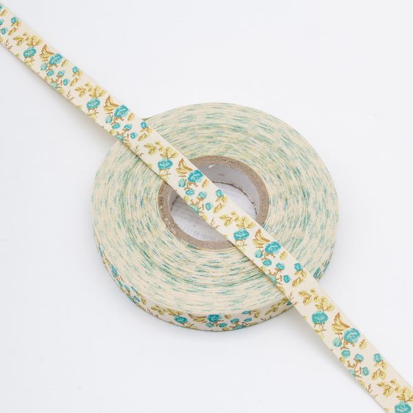 Лента декоративная х/б Цветы 15.0 мм / 25±1 метров, бело-бирюзовый, 3448