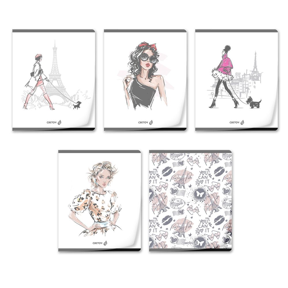 Тетрадь общая с пластиковой обложкой 180 мкр, лен, цвет.запечат.титул лист A5+ 80 л. на скобе 65 г/м², белизна 100 %, 10 шт, клетка, 01106 Парижанка, Светоч Т63