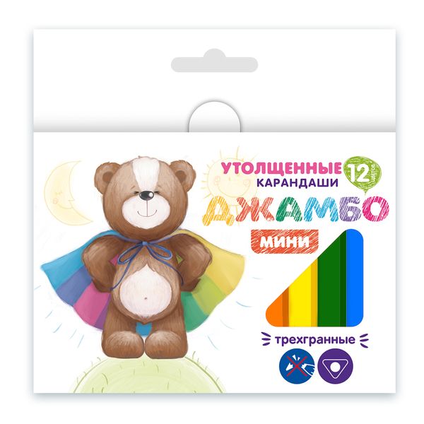 Набор цветных трехгранных коротких карандашей джамбо JTCPS-9012 заточенный 12х12 цв. /РП/, Мишка JTCPS-9012