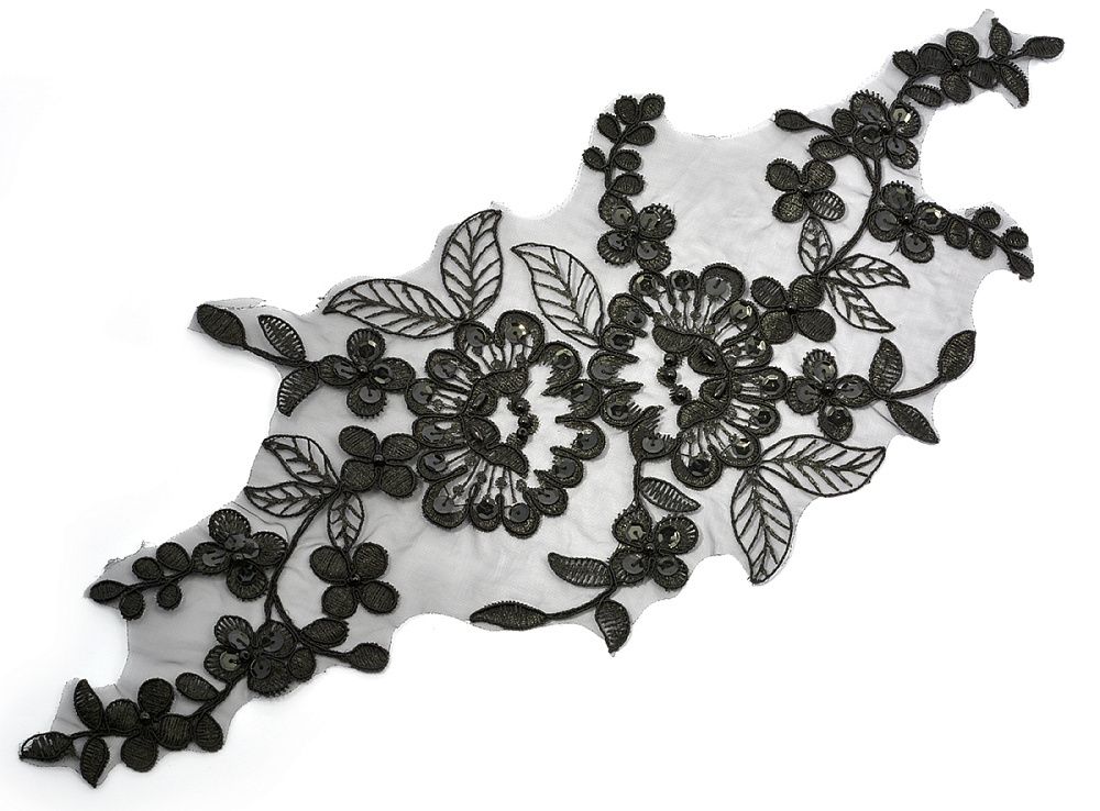 Пришивная кружевная аппликация с пайетками и бусинами уп., 2 шт, цв.01 черный 420x190 мм, Kruzhevo