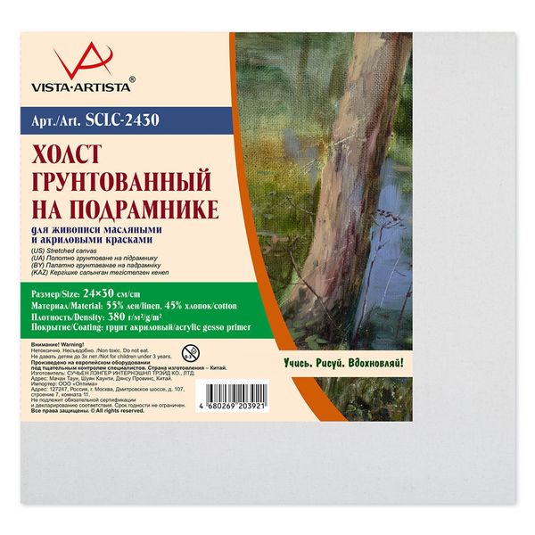 Холст на подрамнике грунтованный 24х30 см, 380 г/м², 2 шт, мелкозернистый, Vista-Artista SCLC-2430
