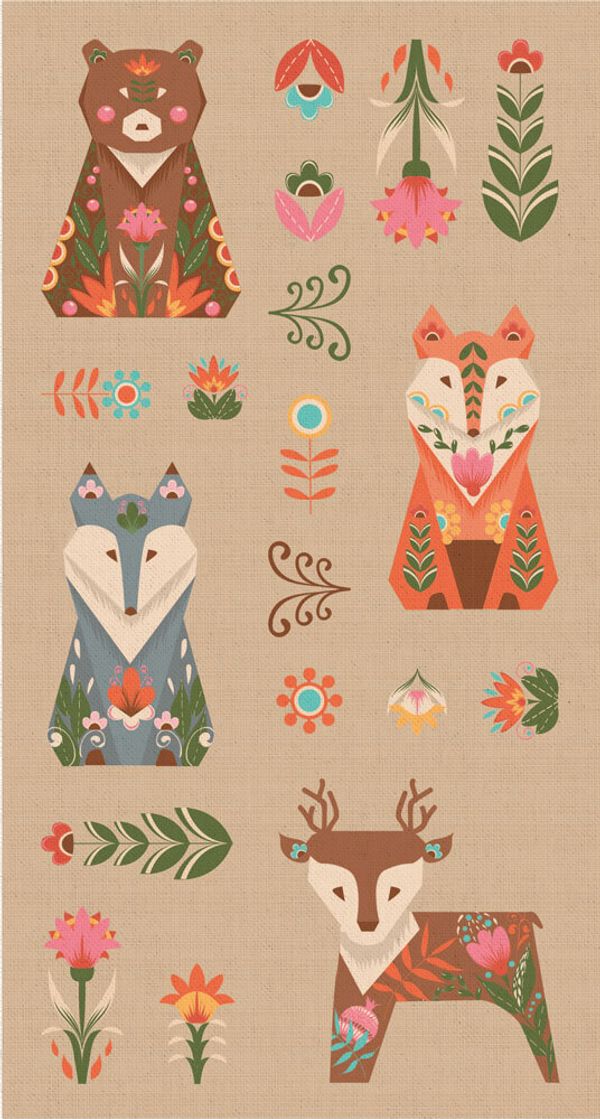 Ткань для пэчворка Peppy Лесные жители, рулон 112 см / 5 метров, ЛЖ-01 Панель бежевый, Peppy