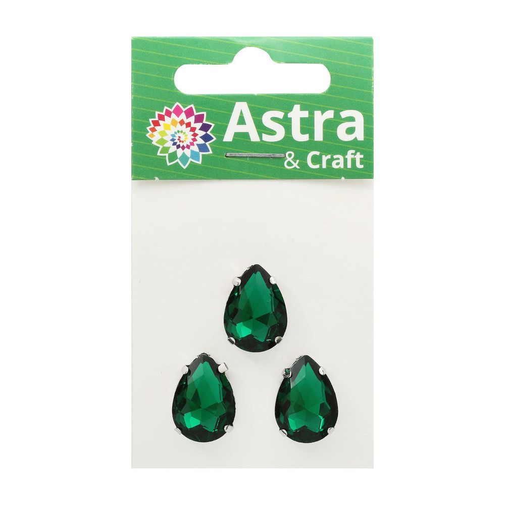 Хрустальные стразы в цапах формы капля, изумрудный 13х18 мм, 3 шт., АЦ009НН1318