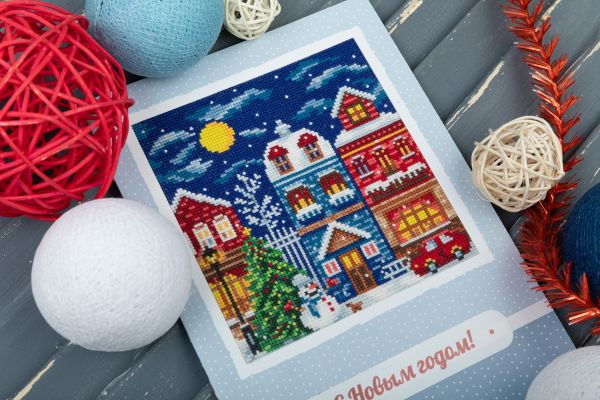 Набор для вышивания нитками Panna, открытка Зимний городок, 12.5х12 см