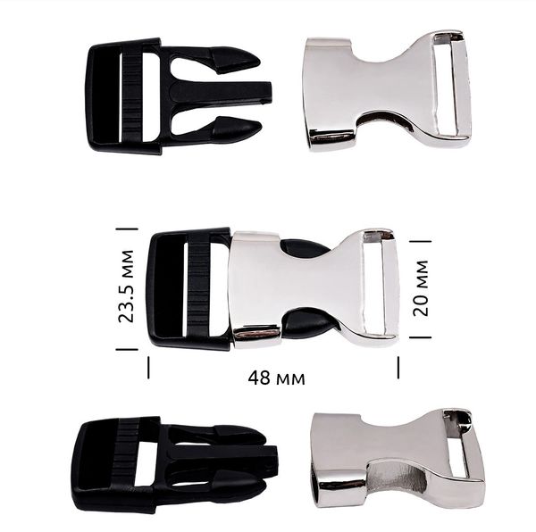 Фастекс (пряжка трезубец) металл/пластик 20 мм, 48.8x23.5 мм, никель / черный, 6 шт