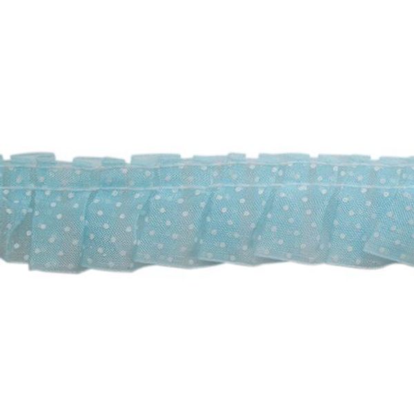 Кружево органза 25 мм / 21.5 метра, с рюшами в горошек, голубой, 24104