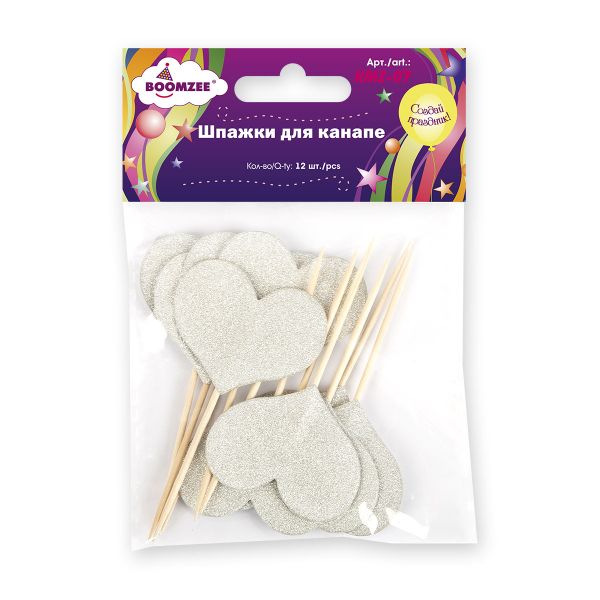 Шпажки для канапе 50 мм, 12 шт, 02-Сердце серебро, Boomzee KMZ-07