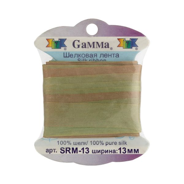 Лента (тесьма) шелковая 13.0 мм / 9.1±0.5 метров, M108 зеленый/св.коричневый, Gamma SRM-13