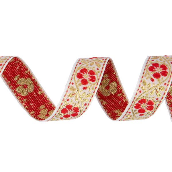 Лента (тесьма) жаккардовая 23.0-25.0 мм / 25 метров, ЦВЕТЫ, белый/под золото, Blitz