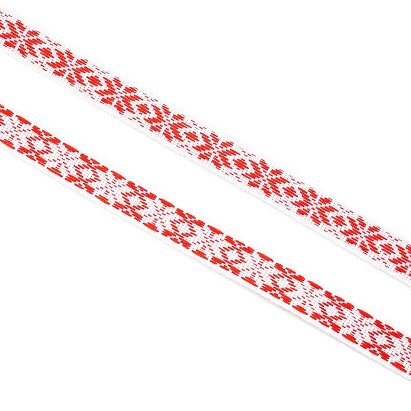 Лента (тесьма) жаккардовая 10.0 мм / 25±1 метров, Славянский орнамент Оберег, рис. 9741, белый/красный, С3853Г17