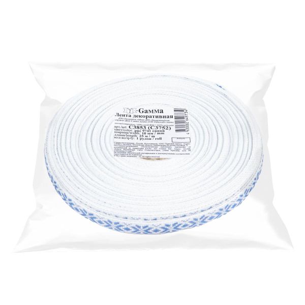 Лента (тесьма) жаккардовая 10.0 мм / 25±1 метров, Орнамент для северных народов, рис 9741 синий, Gamma C3853 (C3752)