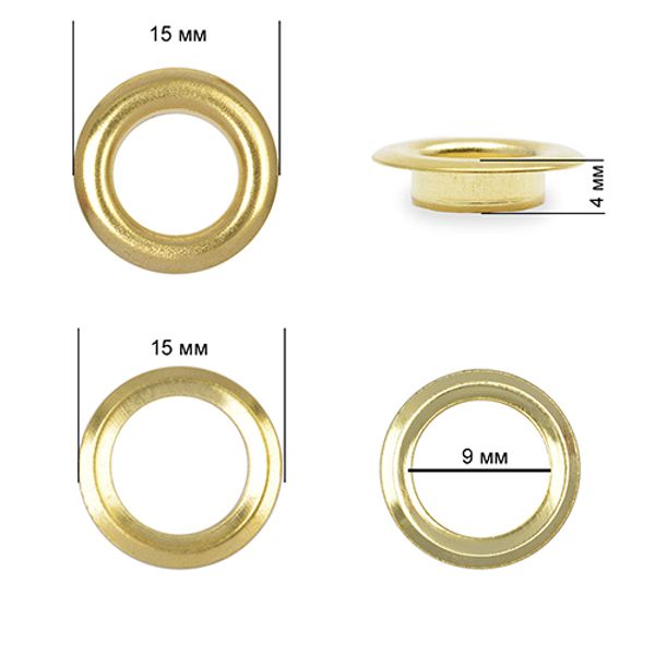 Люверсы металл ⌀_9.0 мм (внутр.), внешн. ⌀15 мм (внутр.), h4 мм (внутр.), №24, сталь, цв.золото, 500 шт, TBY