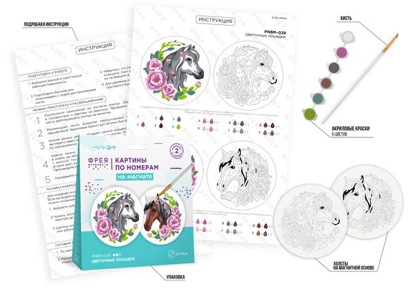 Картина по номерам Фрея PNBM-029, Цветочные лошадки, (на магните) 9х9 см