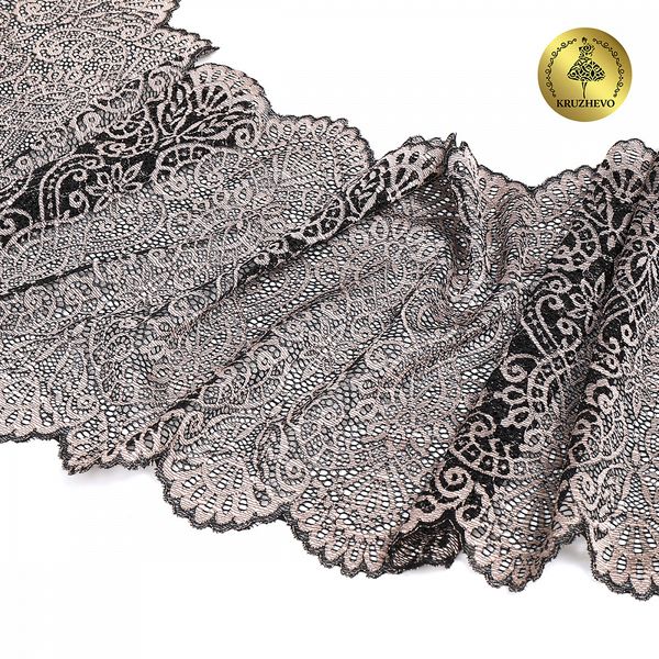 Кружево бельевое эластичное 240 мм / 25 м, 40992, цв.168 серебристый пион+черный, Kruzhevo
