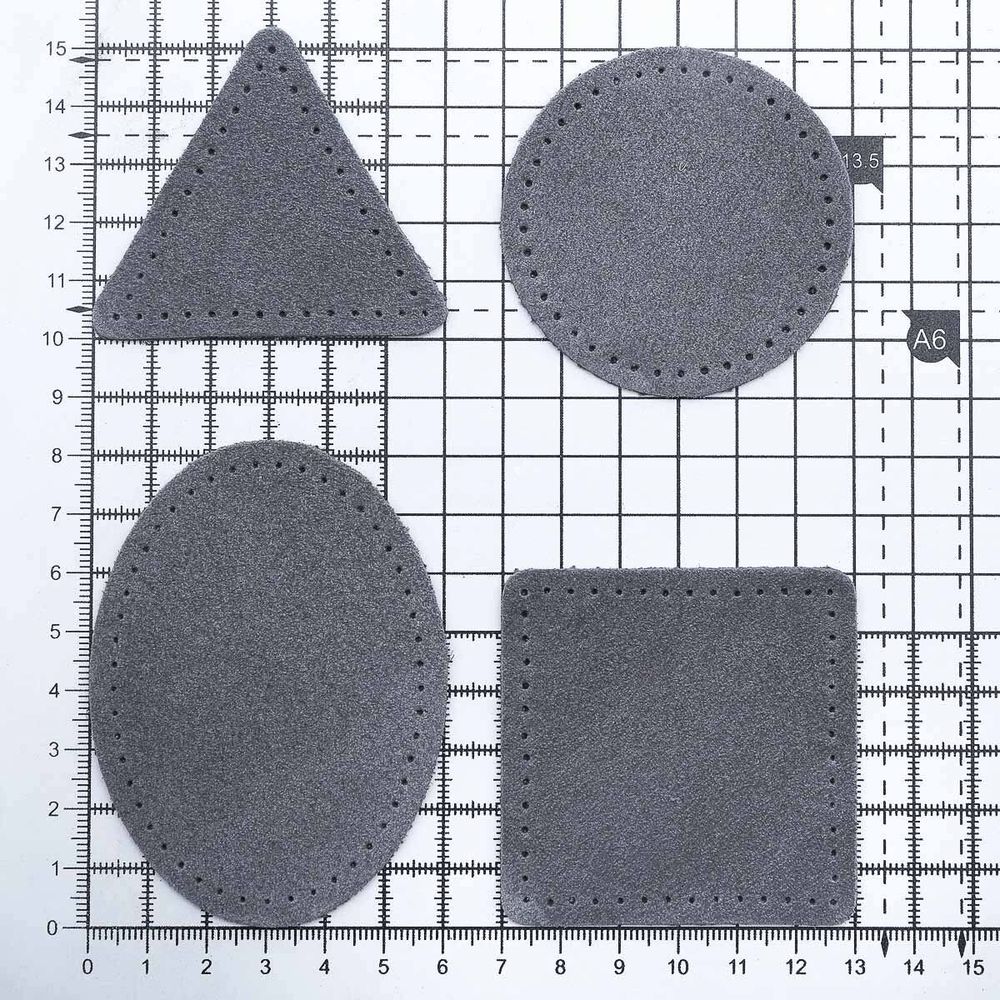 Набор заплаток пришивных из замши, круг, квадрат, треугольник, овал 6см, с перфорацией, 4 шт (26 серый), 59723