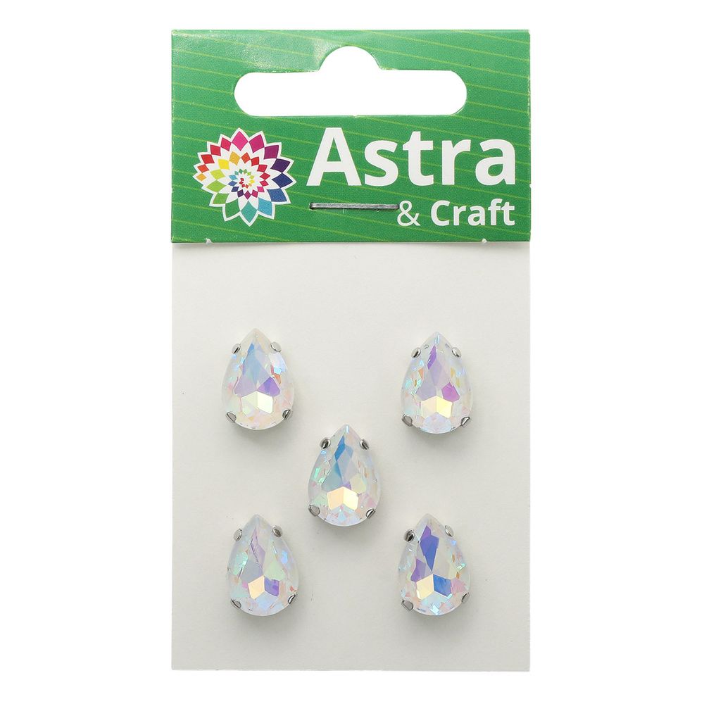 Хрустальные стразы в цапах формы капля, белый с покрытием AB 10х14 мм, 5 шт., АЦ002НН1014