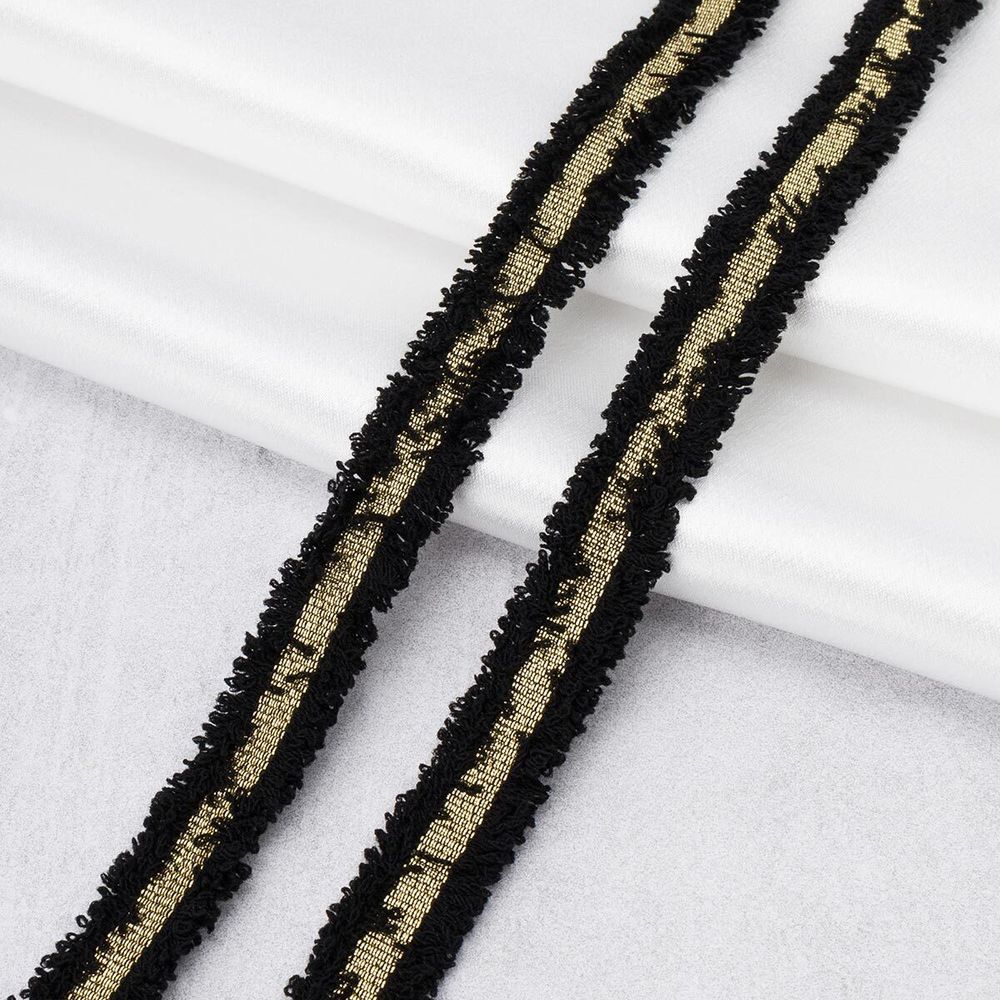 Тесьма отделочная твидовая 15 мм / 82.29 метра, с люрексом, черный/золото, 3Al284