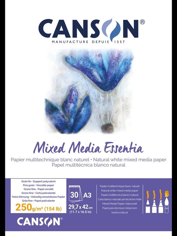 Альбом для смешанных техник Mixed Media Essentia 250 г/м², A3 29.7х42 см, склейка с одной стороны 30 л, мелкозернистая, Canson, C31414P001