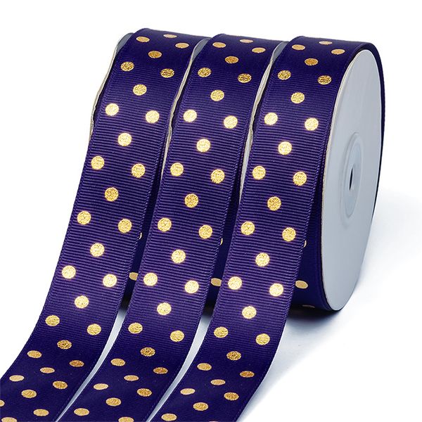 Лента репсовая (в рубчик) в горошек золото, 25 мм, LDRG476, 476 фиолетовый, уп. 27,4 м