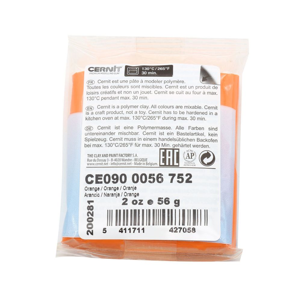 Полимерная глина Cernit №1 запекаемая, классическая 56-62 гр, 752 оранжевый