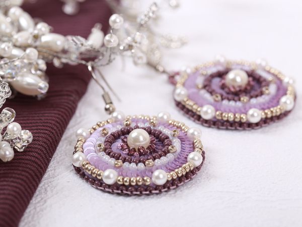 Набор для вышивания бисером Klart, серьги круглые Лиловый орнамент, 3,5х4 см