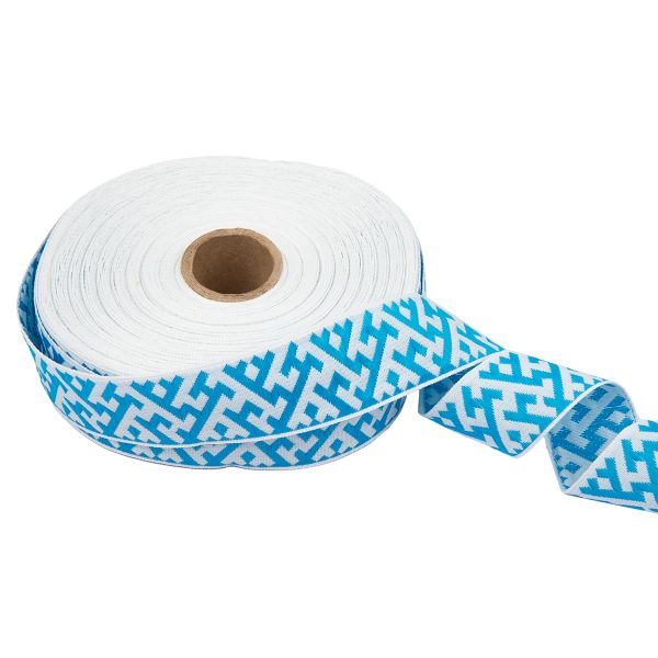 Лента (тесьма) жаккардовая 32.0 мм / 25 метров, Орнамент для северных народов, рис 9302 белый-бирюзовый, Gamma С3774