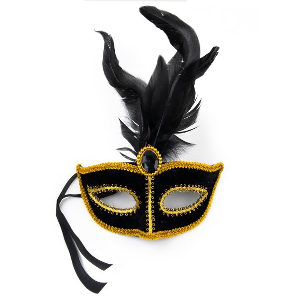 Маска карнавальная, черная с перьями и золотой отделкой, Boomzee PBZ-83