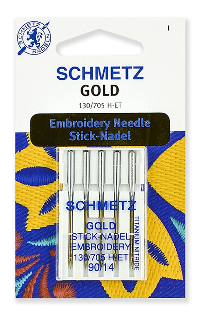 Иглы для швейных машин для вышивки Schmetz Gold, титаниум Schmetz 130/705H-ET №90, уп. 5 игл